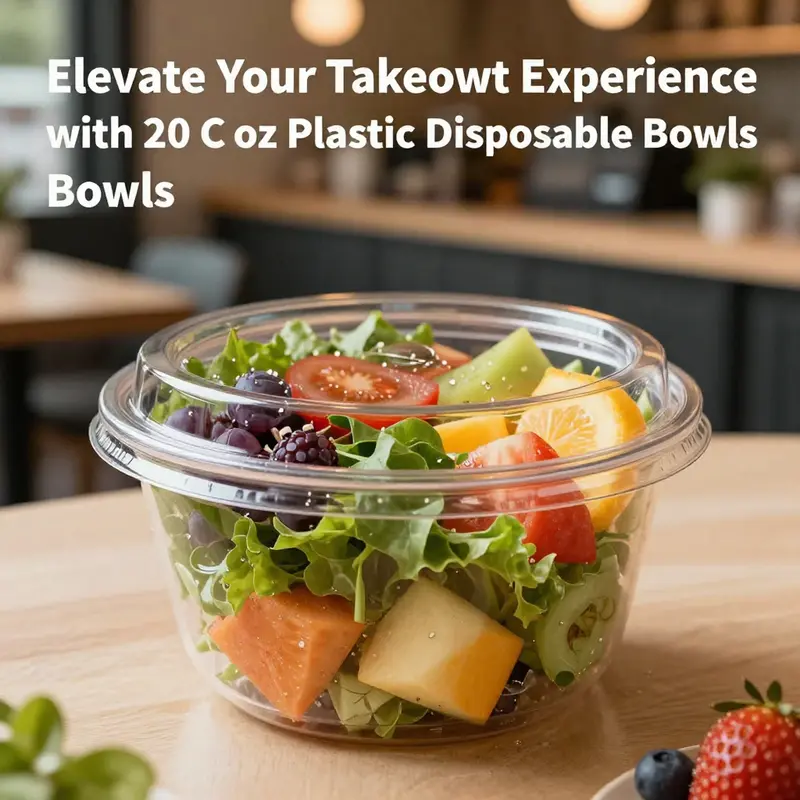 The 20 oz clear plastic bowl enhances food presentation with its transparent design.