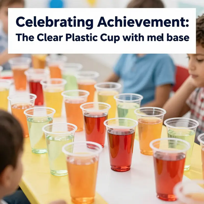 Close-up of the clear plastic cup showcasing its medal base and child-friendly design.
