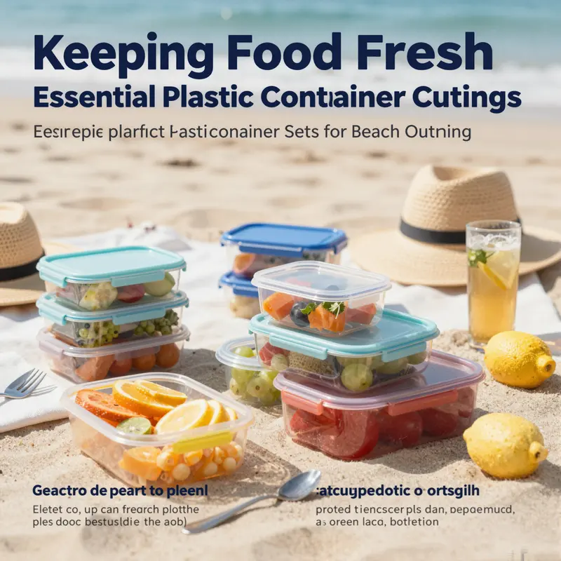 A colorful beach picnic with plastic containers filled with food, representing safe storage solutions for outdoor meals.