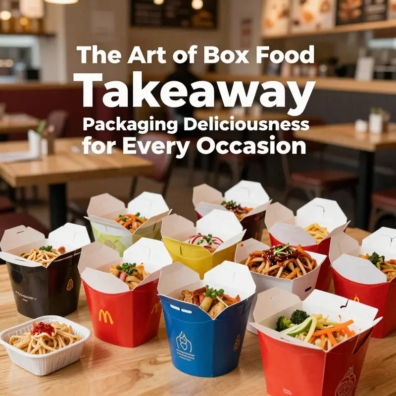 A vibrant scene showcasing various takeaway boxes filled with delicious food in a busy restaurant.