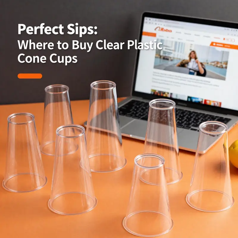 A variety of clear plastic cone cups showcased with an open Alibaba webpage highlighting purchasing options.