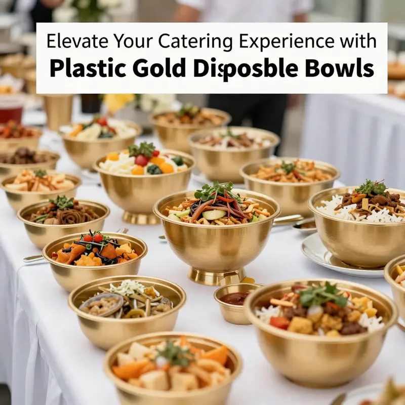 Stylish presentation of food in plastic gold disposable bowls at a catered event.