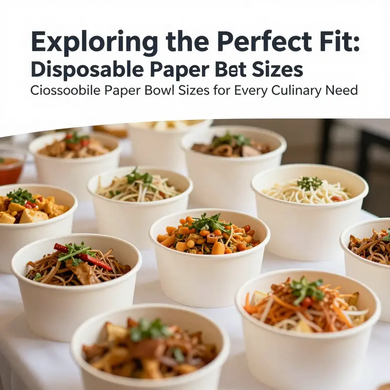 A visual representation of different disposable paper bowl sizes alongside corresponding food items.