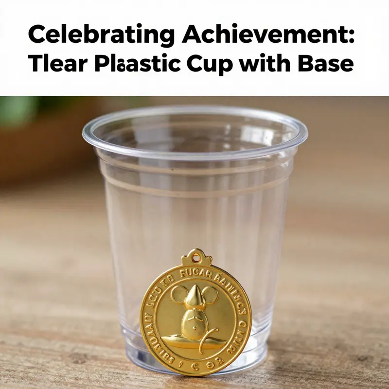 Close-up of the clear plastic cup showcasing its medal base and child-friendly design.