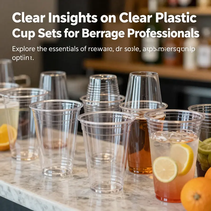 A variety of clear plastic cups showcasing both reusable and disposable options in a beverage environment.