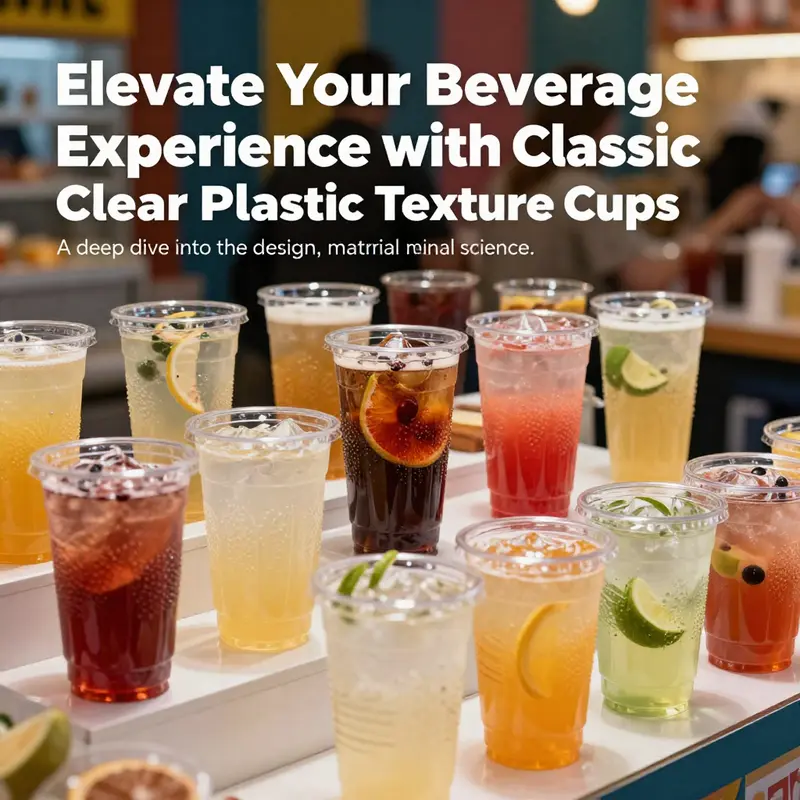 Colorful beverages in classic clear plastic texture cups presented in a lively setting.