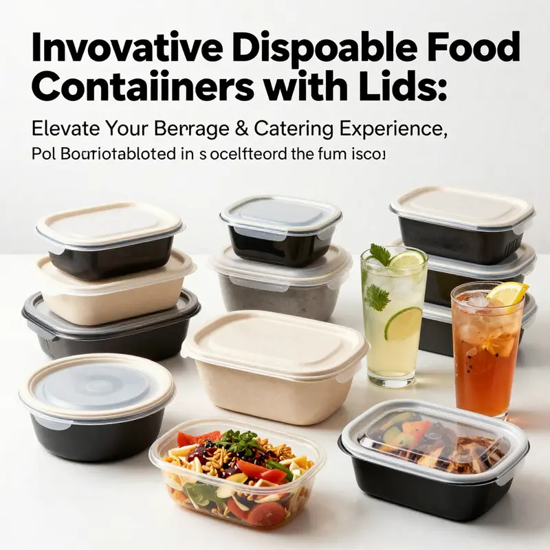 A collection of different disposable food containers with lids filled with food and drinks, emphasizing their versatility in the food industry.