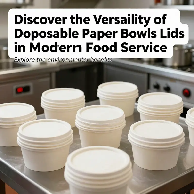 An assortment of disposable paper bowls with lids arranged in a commercial kitchen, emphasizing their versatility and eco-friendly features.