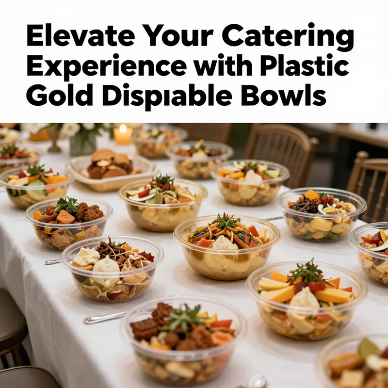 A luxurious banquet table setup featuring delicious food served in plastic gold disposable bowls, creating an elegant dining atmosphere.
