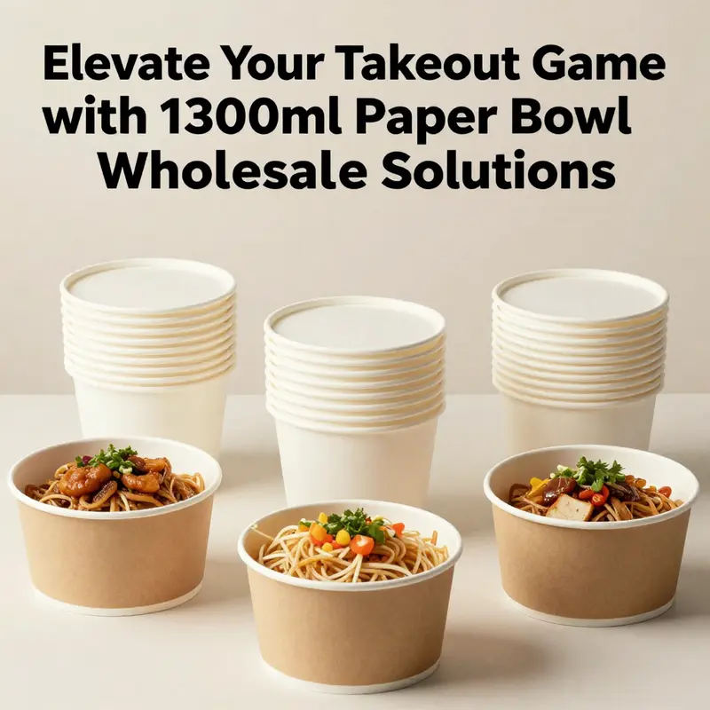 A collection of 1300ml paper bowls filled with assorted food items in a clean, stylish food service environment.