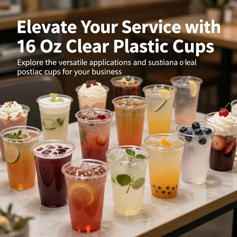 A colorful array of 16 oz clear plastic cups containing various beverages and desserts presented elegantly.