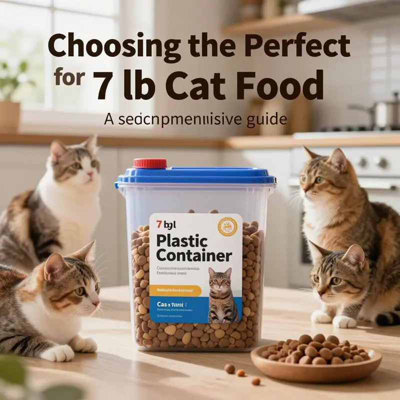 A delightful kitchen setting with a 7 lb cat food container and playful cats emphasizing good pet care practices.