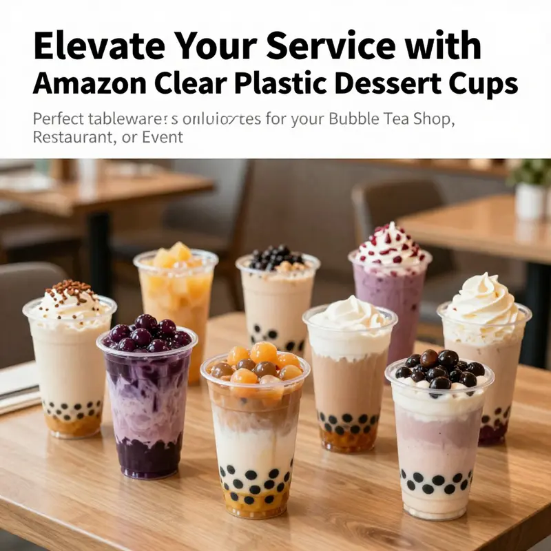 Clear plastic dessert cups filled with various desserts on a restaurant table.