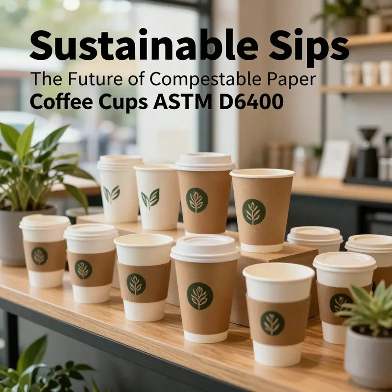 Display of compostable paper coffee cups in a sustainable café environment, emphasizing eco-conscious choices.