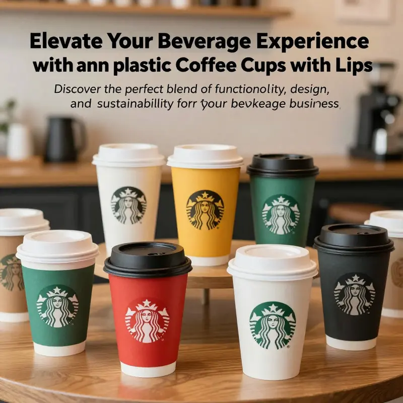 A vibrant display of custom plastic non-disposable coffee cups with lids in a café, emphasizing their appeal and sustainable design.