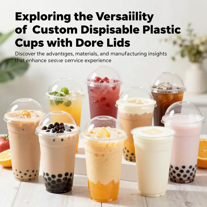 An assortment of colorful custom disposable plastic cups with dome lids filled with various drinks.