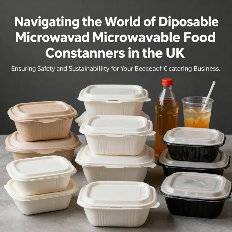 A selection of disposable microwavable food containers shown with various food items.