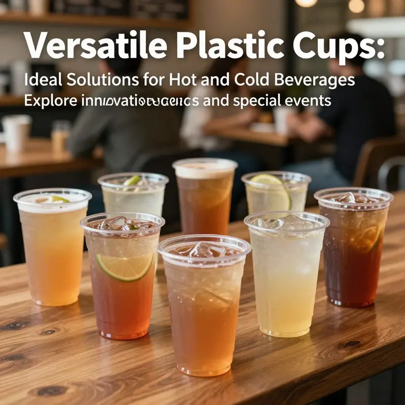 A variety of plastic cups for drinks showcased in a café setting.