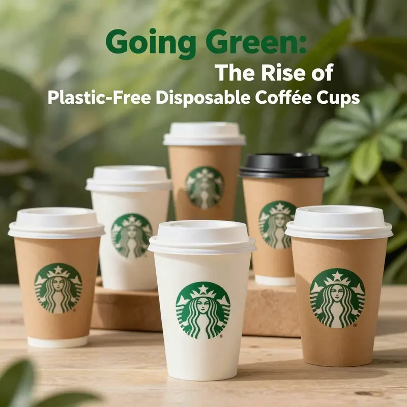 Various plastic-free disposable coffee cups displayed against a natural backdrop, emphasizing sustainability.