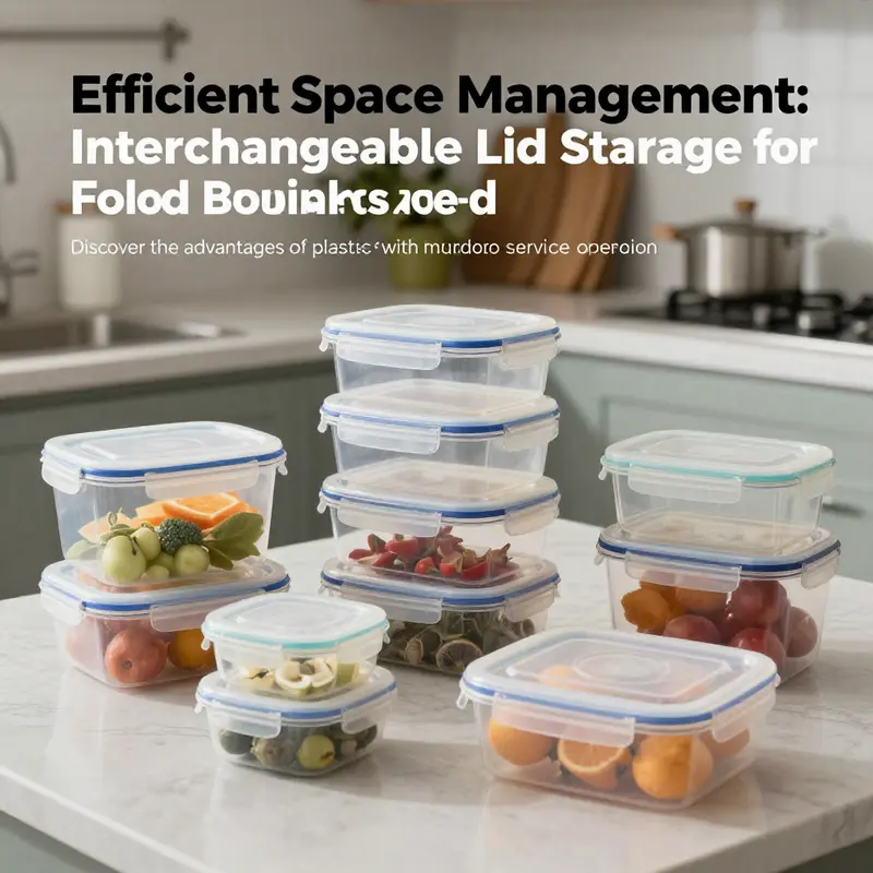 A structured kitchen with a variety of plastic food storage containers with interchangeable lids, emphasizing their design and utility.