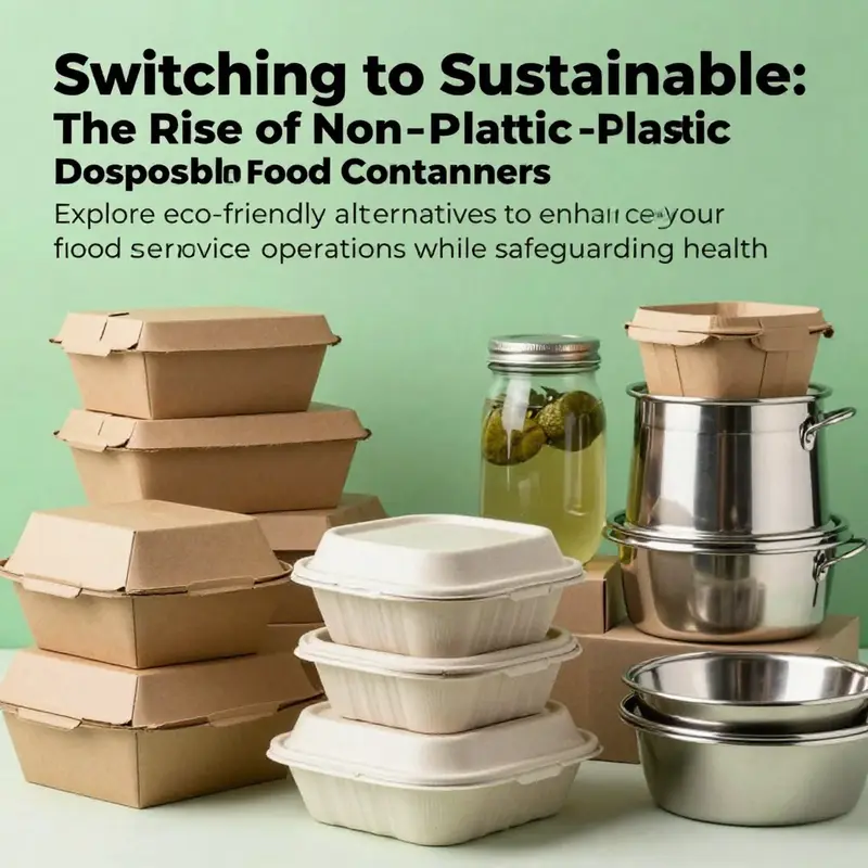 A cover image showcasing an assortment of non-plastic disposable food containers on a green background.