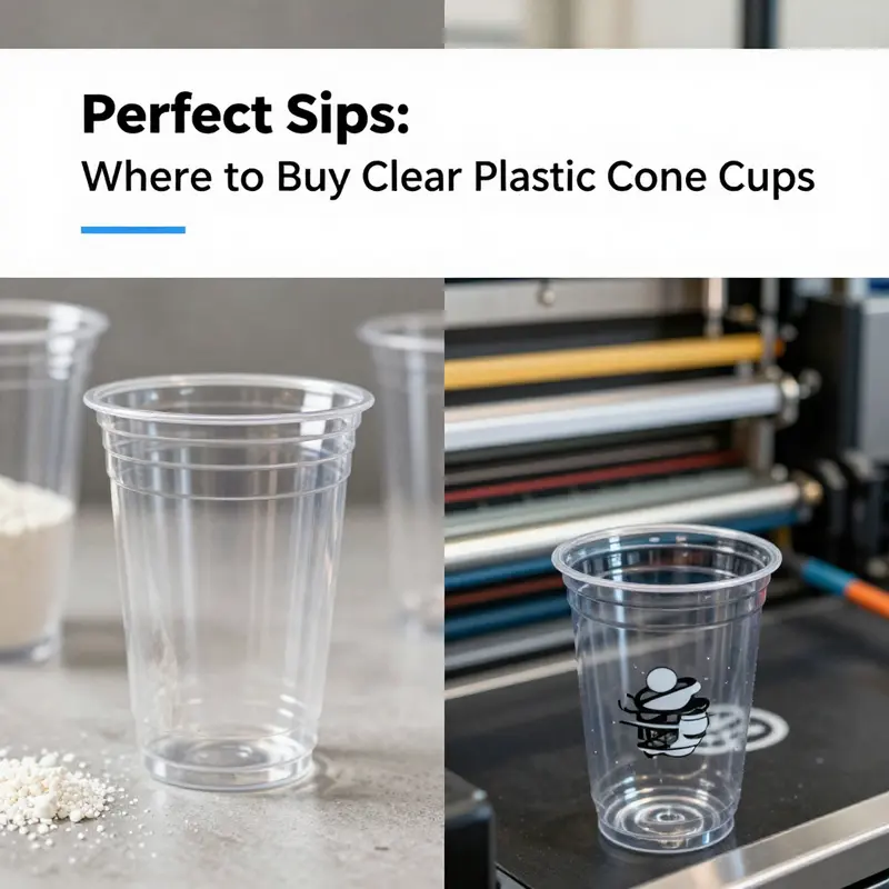 A variety of clear plastic cone cups showcased with an open Alibaba webpage highlighting purchasing options.