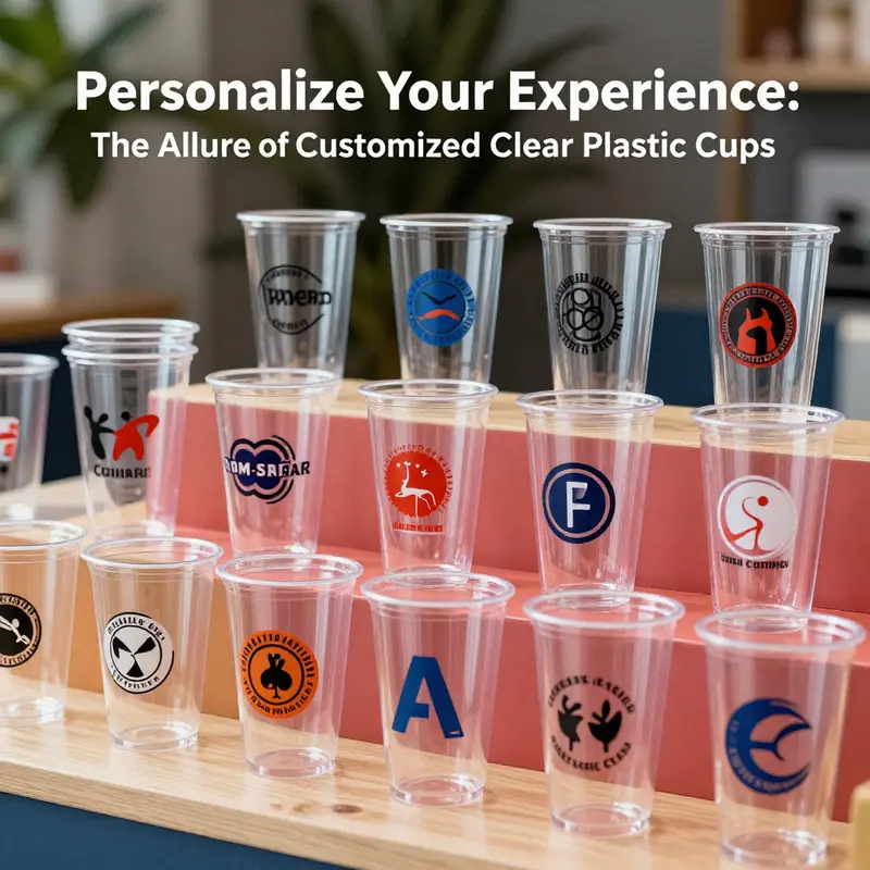 Showcasing an array of customized clear plastic cups with unique designs.
