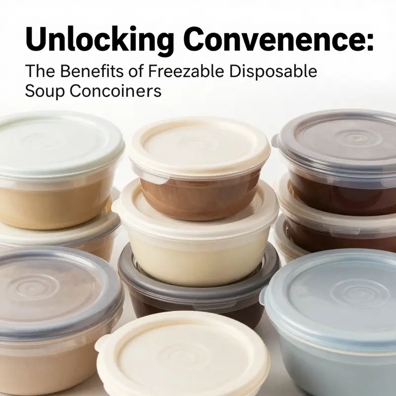 Diverse array of freezable disposable soup containers promoting easy meal preparation.