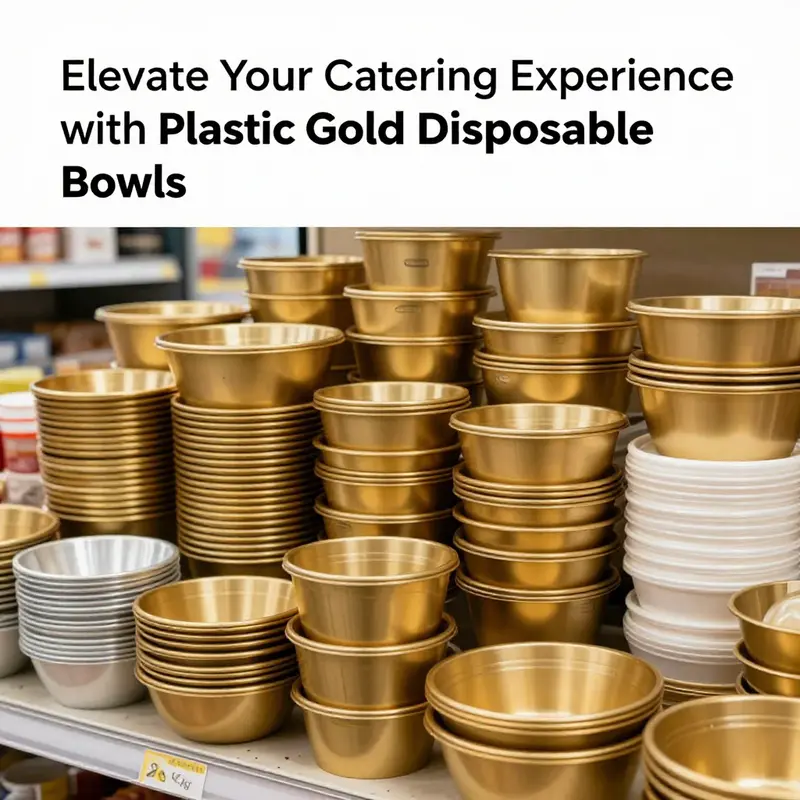 Stylish presentation of food in plastic gold disposable bowls at a catered event.