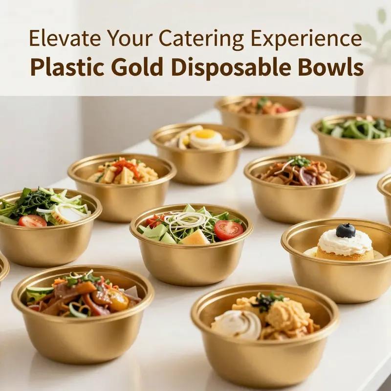 Stylish presentation of food in plastic gold disposable bowls at a catered event.