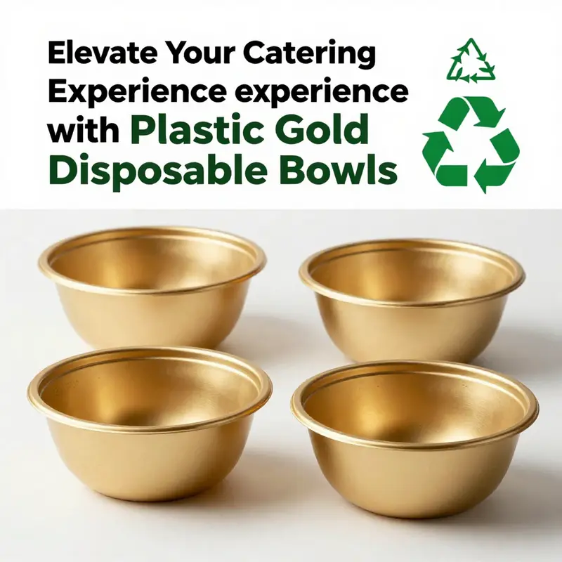 Stylish presentation of food in plastic gold disposable bowls at a catered event.