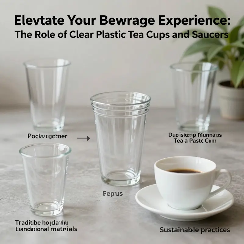 A showcase of innovative designs in clear plastic tea cups and saucers, illustrating their versatility for diverse beverages.