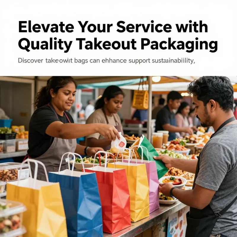 A lively food market scene with vendors showcasing attractive takeout bags filled with food.