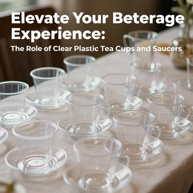 A table elegantly set with clear plastic tea cups and saucers for events.