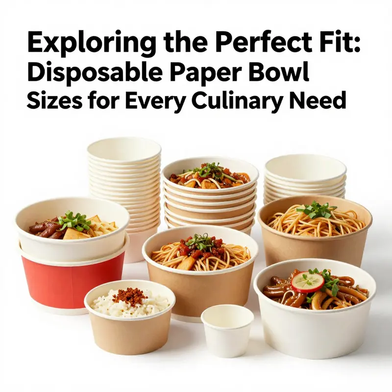A colorful display of different disposable paper bowls filled with various foods, illustrating their sizes and versatility.