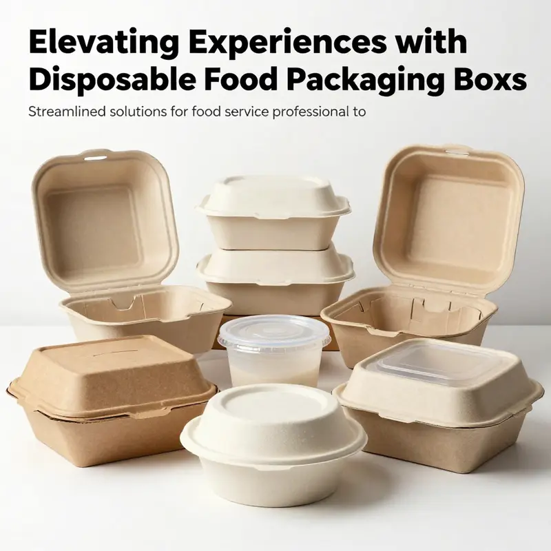An elegant display of various disposable food packaging types, including paperboard, plastic, and eco-friendly boxes.