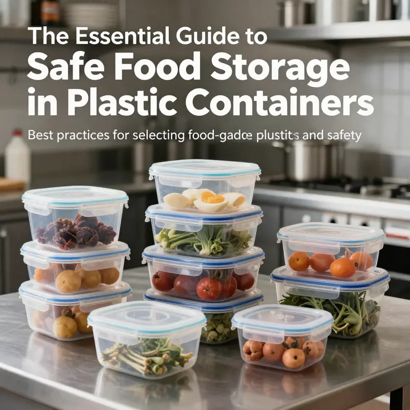 Various food storage containers made from safe plastics displayed in an organized commercial kitchen.