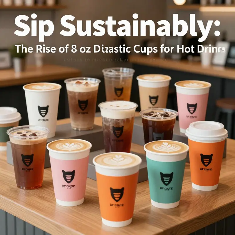 A creative arrangement of various 8 oz disposable plastic cups, each filled with a different hot beverage, displayed in a café environment.
