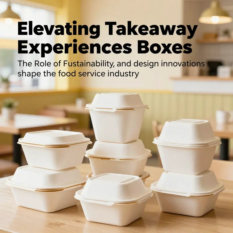 A collection of food grade disposable takeaway boxes displayed against a cheerful restaurant background.