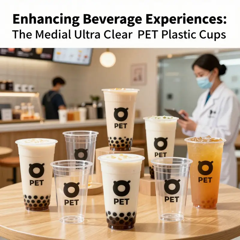 An assortment of medical ultra clear PET plastic cups displayed in various settings, highlighting their versatility in beverage and food service.