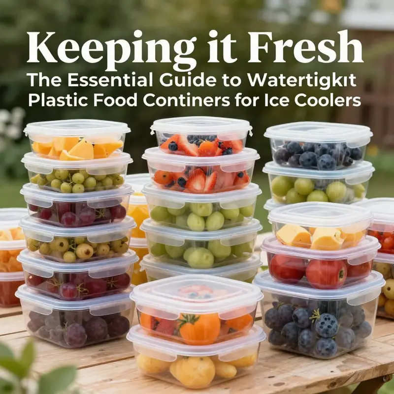 An outdoor catering setup featuring various watertight plastic food containers filled with colorful food and drinks.