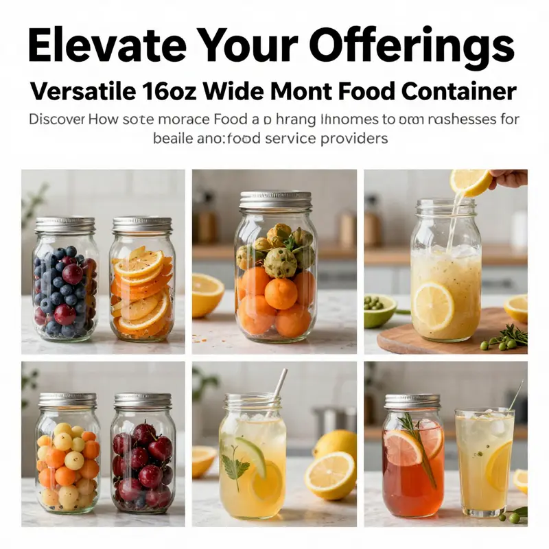 Collage of colorful food and beverage applications using 16oz wide mouth containers.
