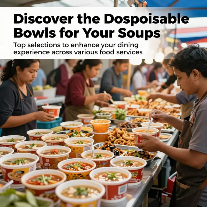 A busy market with vendors showcasing soup served in disposable bowls.