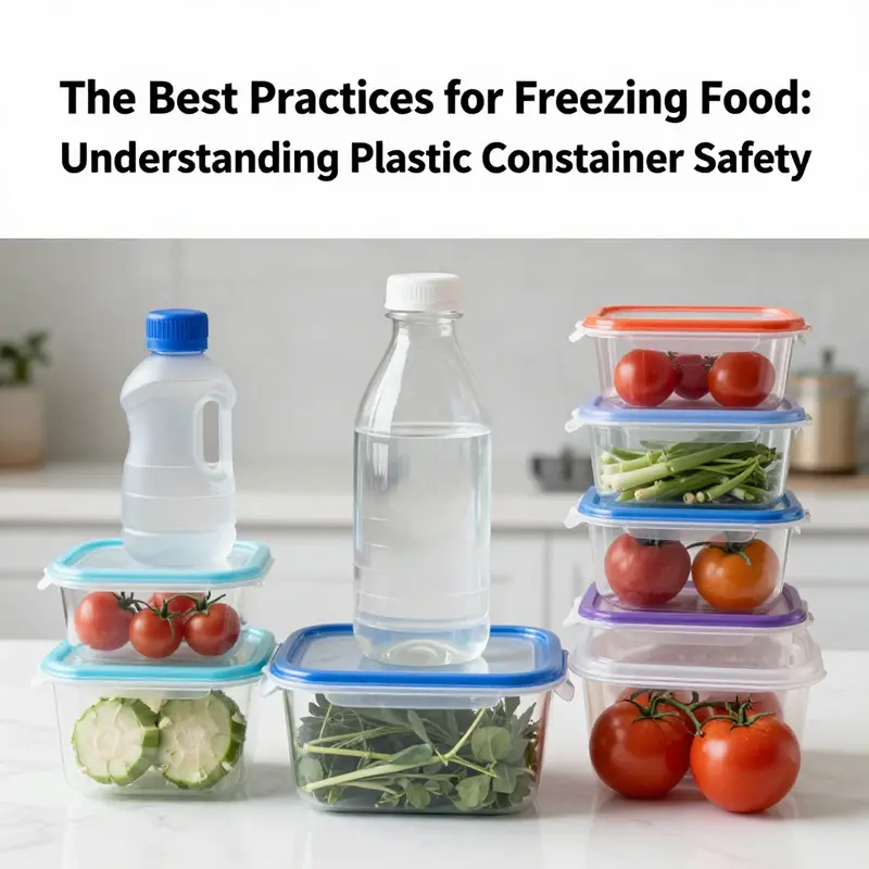 Different types of plastic containers with freezer-safe labels, emphasizing safety in food storage.