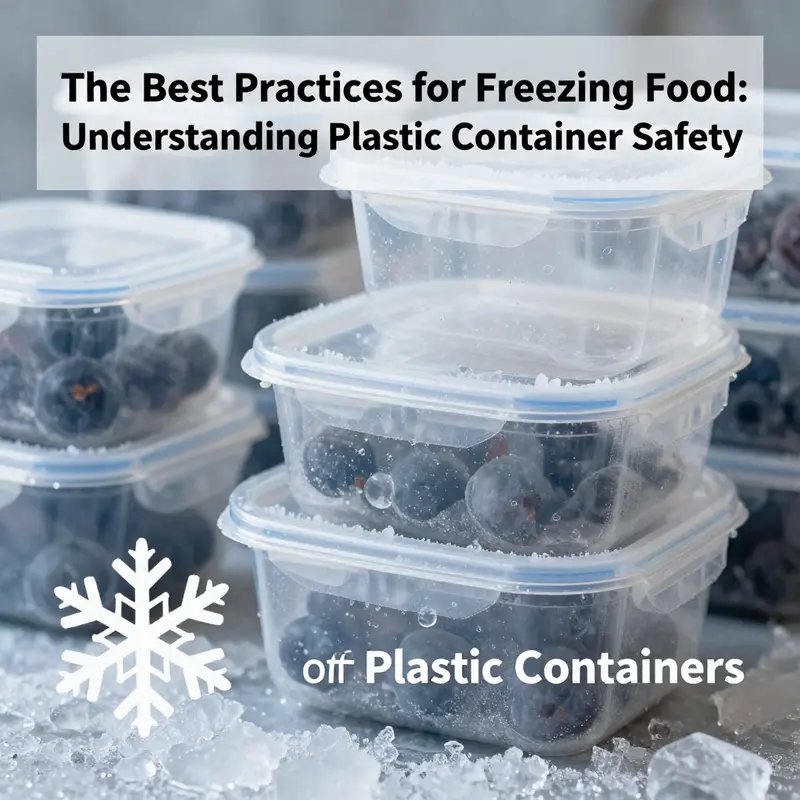 Different types of plastic containers with freezer-safe labels, emphasizing safety in food storage.