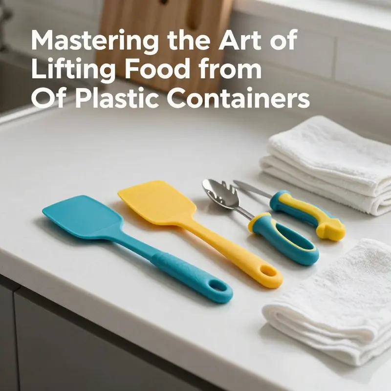 A chef applying safe techniques to lift food from plastic containers effectively.
