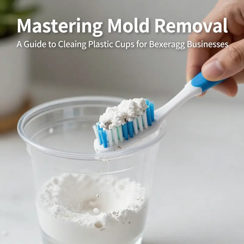 Scrubbing the inner side of a plastic cup to remove visible mold stains using baking soda.
