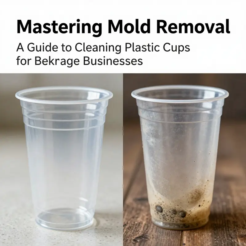 Scrubbing the inner side of a plastic cup to remove visible mold stains using baking soda.