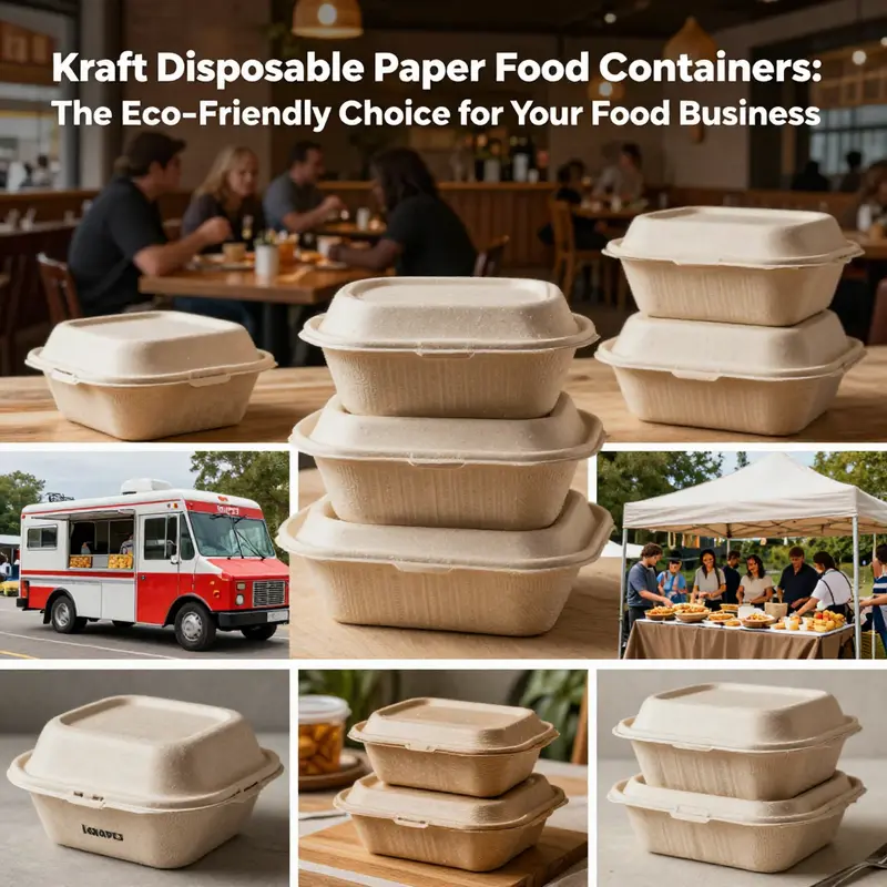 Collage of kraft disposable paper food containers utilized in restaurants, food trucks, and catering events.