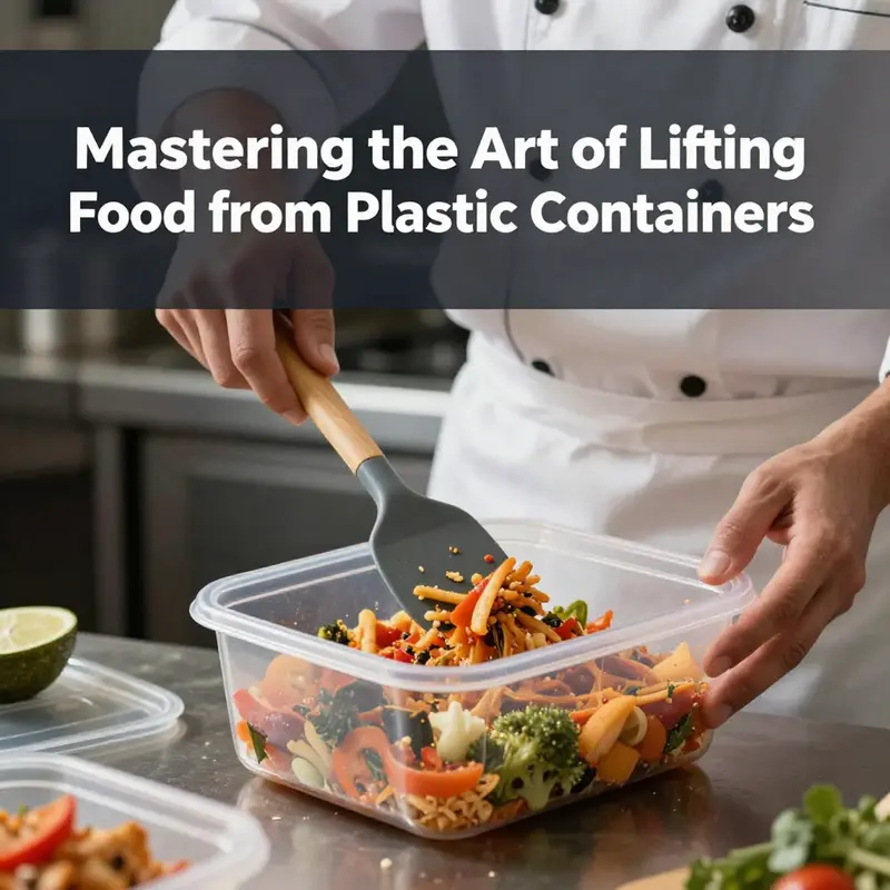 A chef applying safe techniques to lift food from plastic containers effectively.